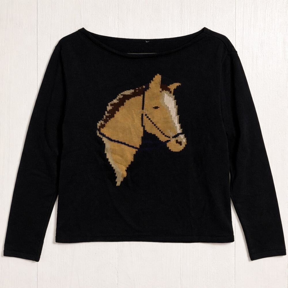 Horse Animal Sweater Wrangler Black Western Knit Cotton Equestrian Cowgirl M